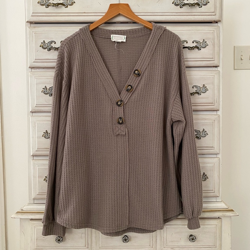 Vici Taupe Button-Down Waffle Knit Top